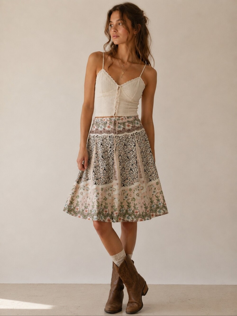 Vintage Y2K O2 Collection Floral Boho Flared Skirt Size L Mixed Print EUC